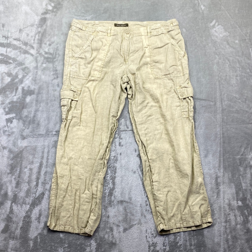Tommy Bahama Linen Cargo Pant Tan Beige Women Sz 12 Fit 33" Straight Leg Utility